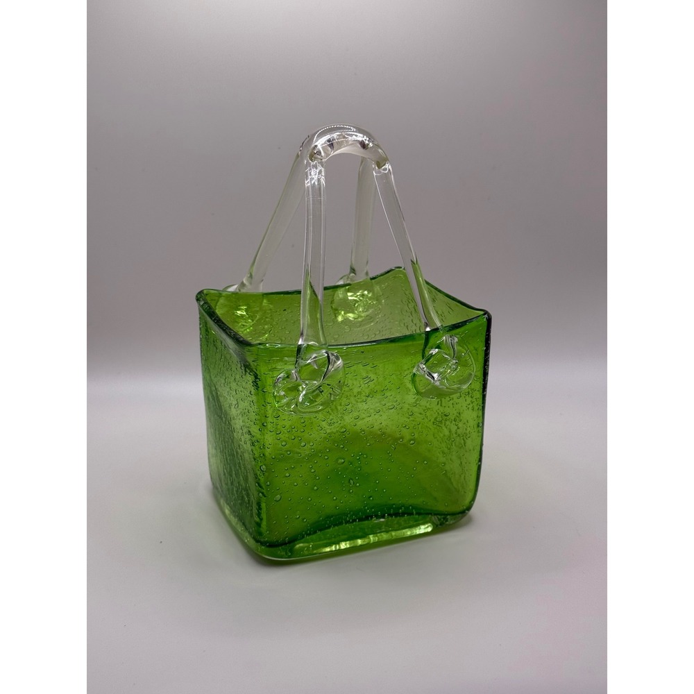 Green Art Glass Basket Vase Hand Blown Bubble Design Decor Accent‎ Piece